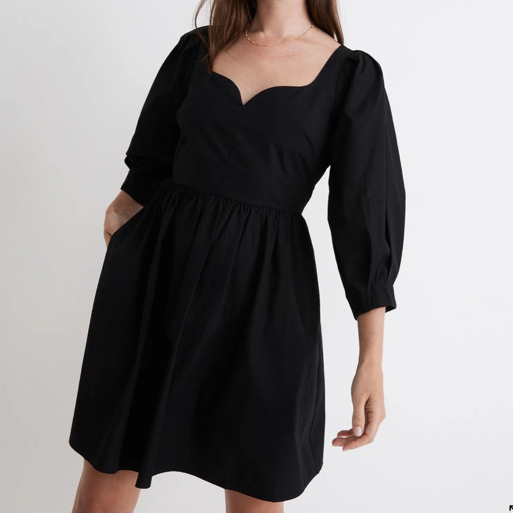 Madewell Poplin Puff-Sleeve Mini Dress True Black Sweetheart Neckline 2022-00